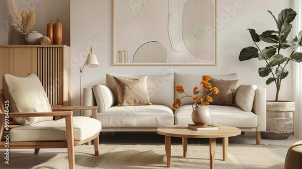 Fototapeta A cozy living room featuring light colored sofa adorned with decorative pillows, wooden coffee table, and stylish armchair. space is enhanced by potted plant and tasteful decor, creating warm and invi