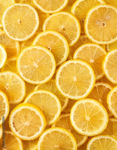 Fototapeta ランダムに敷き詰められた輪切りのスライスレモン縦