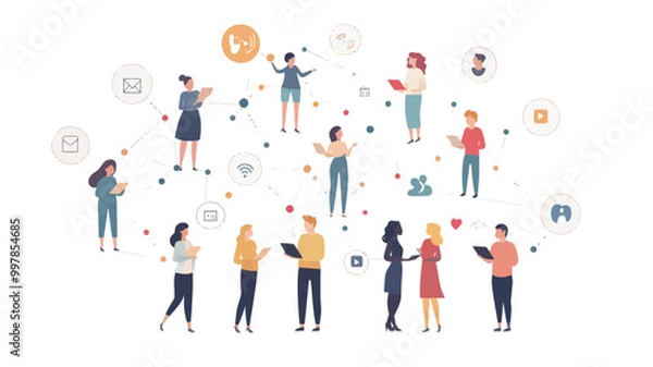 Fototapeta Vector Illustration of People Connecting and Sharing Social Media Concepts, Networking, and Communication Icons for Digital Engagement and Online Interaction