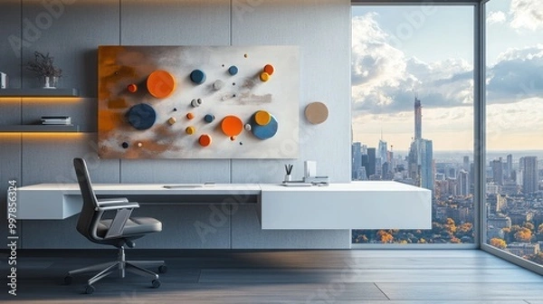 Fototapeta A modern and minimalist home office with a floating desk