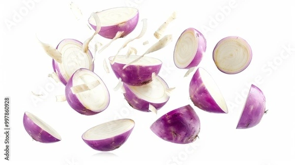 Fototapeta Ultra-realistic image of turnip slices gracefully falling against a pristine white background