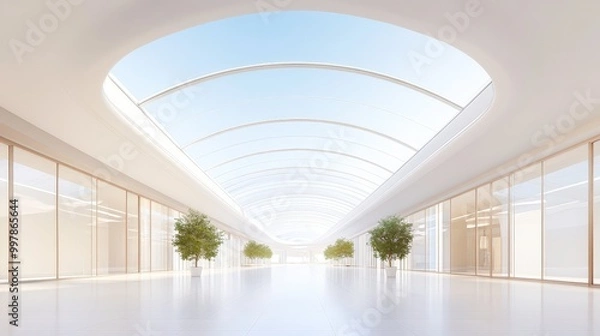 Fototapeta A large, empty shopping mall with a clear ceiling and white walls