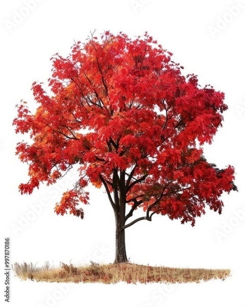 Fototapeta Isolated Autumn Tree. Bright Red Maple Tree with White Background in Fall Season