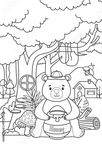 Fototapeta Coloring book for children of a cute bear with a honey pot in the forest