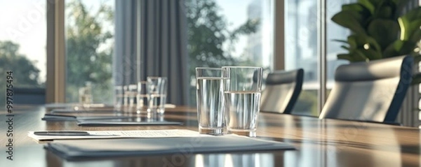 Obraz Detailed view of a conference room including a big window, chairs, papers, and glasses of water on the table.