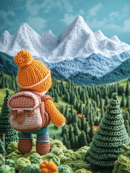 Obraz A young crochet boy with backpack hiking in a mountain