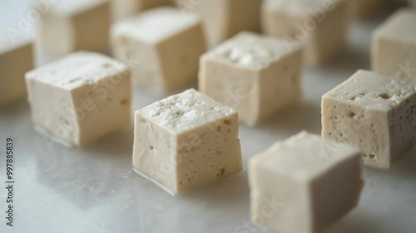 Fototapeta A close up of several pieces of tofu on a white surface