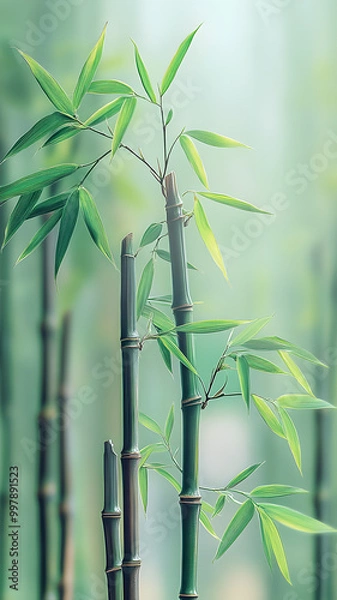 Fototapeta artistic landscape with green bamboo leaves in the upper left corner and light green in the background 