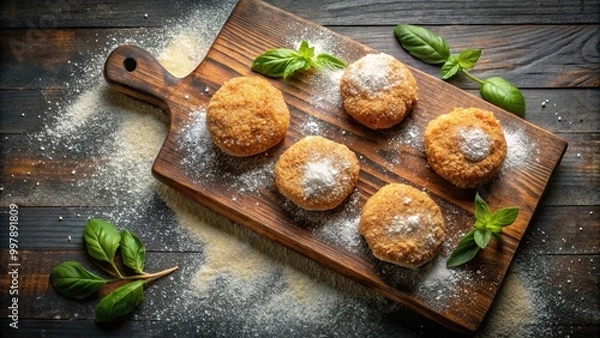Fototapeta Eye level view of cutlets on cutting board sprinkled with flour