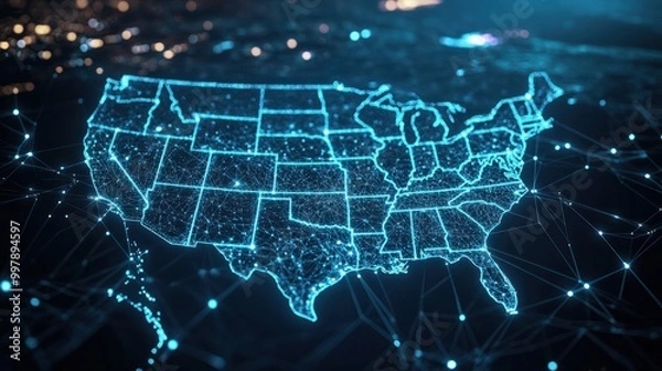 Fototapeta Digital map of USA, concept of American global network and connectivity, data transfer and cyber technology, electronic vote, information exchange and telecommunication
