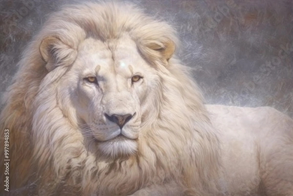 Fototapeta A majestic white lion resting, showcasing its regal features.