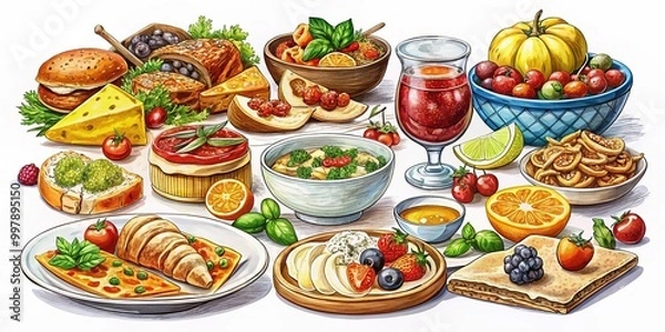 Fototapeta Colorful Hand-Drawn Illustrations of Various Delicious Foods on a White Background for Culinary Use