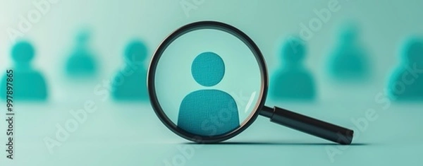 Fototapeta A magnifying glass over a glowing profile on a job portal, clean tech interface in soft tones, peaceful mood, 3D render, close-up with room for text.