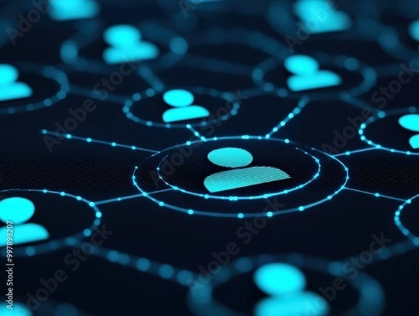 Obraz A group of digital resumes orbiting around a central profile picture, abstract tech background in black and blue, minimalistic, 3D render, top view, space for text.
