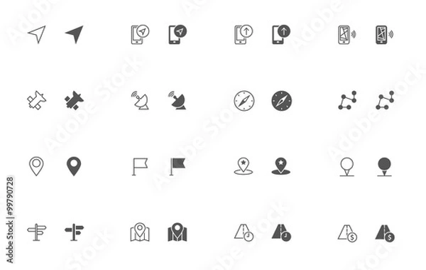 Fototapeta Outline and filled simple vector icons of Navigation related stuff. Snapped to pixel shapes, fully scalable