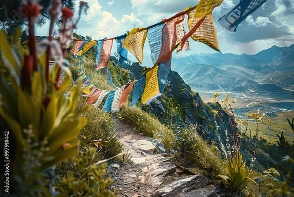 Fototapeta Mountain trail with prayer flags and panoramic view