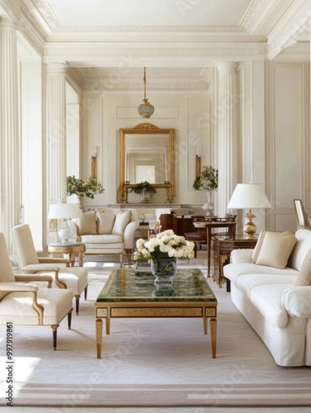 Fototapeta A bright, elegant living room featuring classic furniture, a large mirror, stylish decor, and floral arrangements, creating a luxurious ambiance.