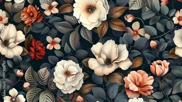 Fototapeta A seamless pattern of vintage-style flowers and leaves in a dark background.