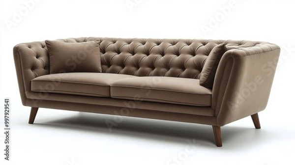 Fototapeta Stylish contemporary sofa featuring buttoned details and sleek wooden legs, displayed on its own.