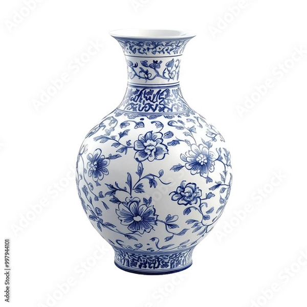 Obraz Elegant blue and white porcelain vase with floral designs displayed on a transparent background