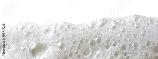 Obraz Close-up of white soap bubbles with water droplets on transparent background captured in a bright setting