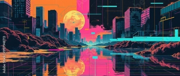 Fototapeta Retro futuristic print style collage poster, Abstract urban grunge backdrop, creative graphic design style.	