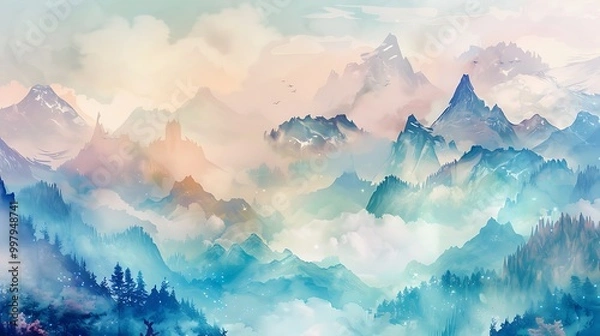 Fototapeta A dreamy watercolor painting of a mountain landscape with soft, flowing colors and misty clouds drifting over the peaks, evoking a sense of peace. 8k UHD, suitable for high-quality printing 