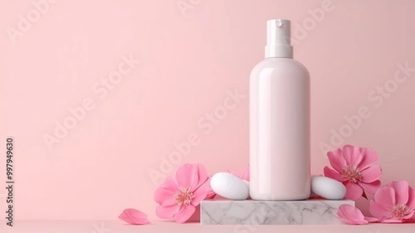 Fototapeta A minimalist pink bottle is elegantly displayed on a marble surface, surrounded by delicate flowers, evoking a sense of beauty and serenity.