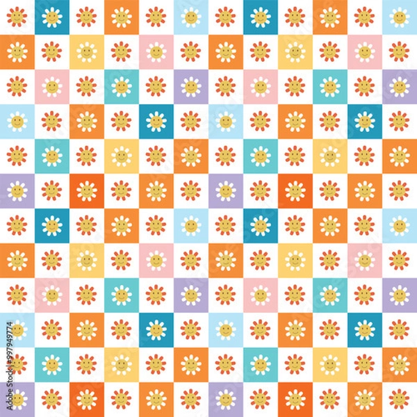 Obraz Playful Retro Floral Checkered Seamless Pattern with Colorful Squares and Smiling Flowers in Vector Format for Digital and Print Projects