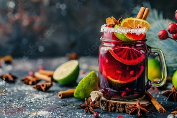 Fototapeta Mulled wine Margarita with mulled wine and lime, served in a mason jar, winter holiday background, copy space