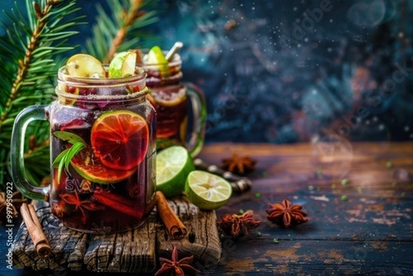 Fototapeta Mulled wine Margarita with mulled wine and lime, served in a mason jar, winter holiday background, copy space