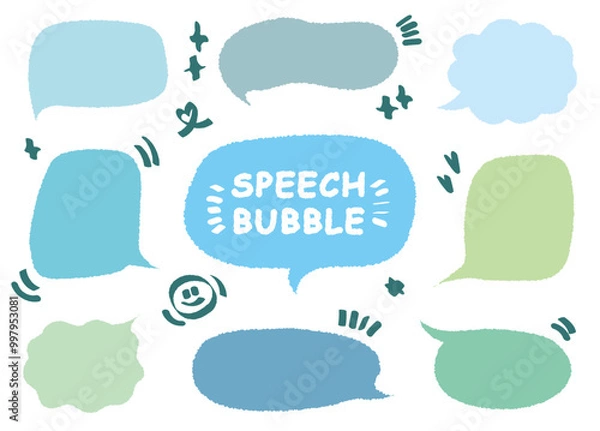 Fototapeta Set of hand drawn style cute memo sticker. Variety abstract shapes of blue speech bubble. quote color frames blank with crayon draw. Chat box balloon cloud. Label tag collection vector for text