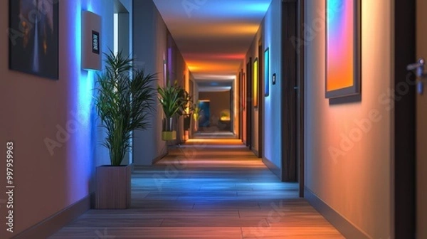 Fototapeta A hallway with a smart lighting system that illuminates based on movement and adjusts light color to time of day or mood