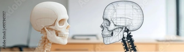 Fototapeta Realistic skull model and wireframe skull model facing each other, educational setting.