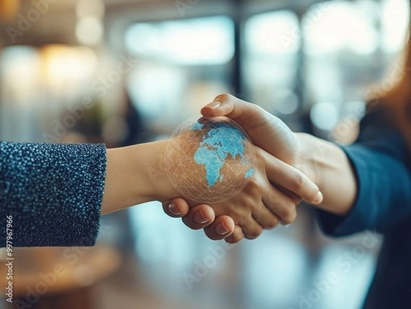 Obraz Close-up of handshake with a digital globe overlay symbolizing global business partnership.