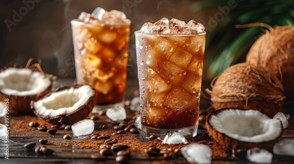 Fototapeta Coconut Iced Coffee Dark Background 