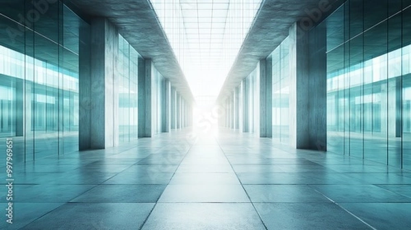 Obraz Abstract futuristic glass architecture with a vast empty concrete floor, rendered in 3D graphics.