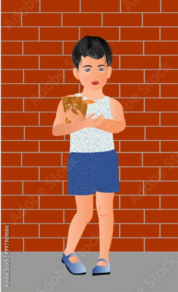 Fototapeta Boy with a cute kitten in his hands standing on the background of a brick wall. Vector illustration.