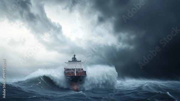 Obraz dramatic shot of a cargo ship navigating through towering waves during a fierce storm, with spray cascading off the bow and dark storm clouds swirling overhead, capturing the power