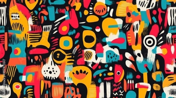 Fototapeta Abstract geometric pattern with colorful doodles. Flat cartoon background with modern art shapes in bright colors. Creative print texture for contemporary backdrop design.