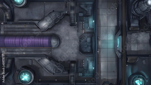 Obraz Research Laboratory Battle Map for Sci-Fi DnD, Top-Down Tabletop Role-Playing Game Map, Futuristic Sci-Fi Lab Adventure Background, Virtual Tabletop RPG Asset, High-Resolution Sci-Fi Laboratory