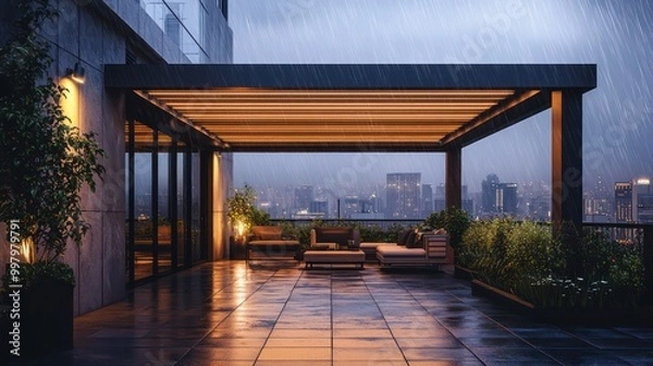 Fototapeta A rooftop patio with smart ambient lighting and a weather-adaptive pergola that closes automatically during rain