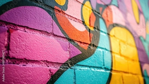 Fototapeta Colorful graffiti art on a brick wall, showcasing vibrant patterns and shapes.