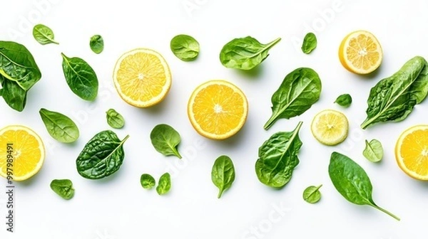 Fototapeta Fresh Leafy Greens and Citrus Slices Suspended for Nutrition and Vitality Concept on White Background