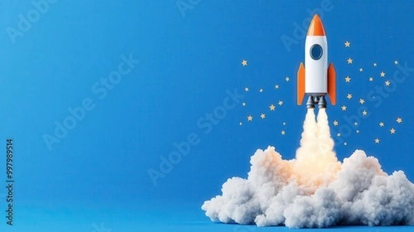 Fototapeta Vibrant rocket launching into the sky surrounded by stars and clouds