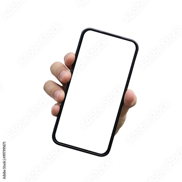 Fototapeta close up man hand hold smartphone with blank screen isolated on transparent background for marketing or advertisement and design concept