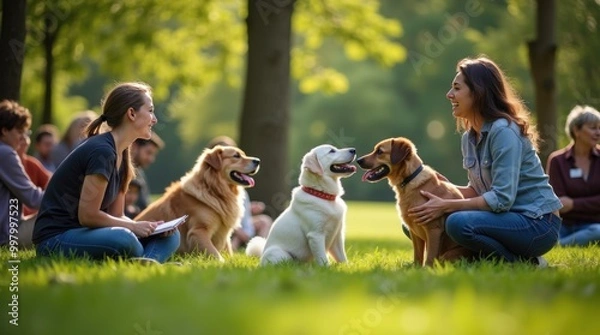 Obraz Dog owners and their pets participate in a behavior workshop in a sunny park setting for training and socialization
