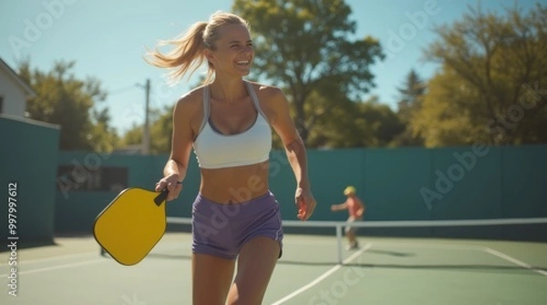 Obraz A woman enjoys a sunny day playing pickleball at an outdoor court while smiling and staying active with friends nearby
