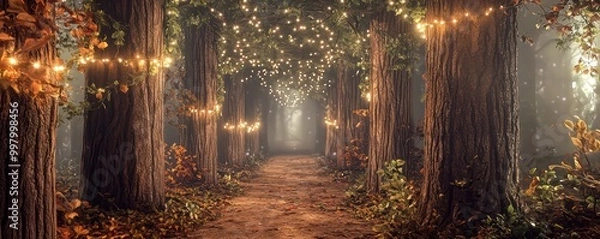 Fototapeta Home office with an enchanted forest theme, featuring tree trunk columns, foliage canopies, and fairy lights Magical and immersive
