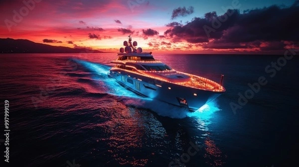 Fototapeta Futuristic Yacht Christmas Celebration with Holographic Decorations - Aerial View with DJI Mavic Air 2